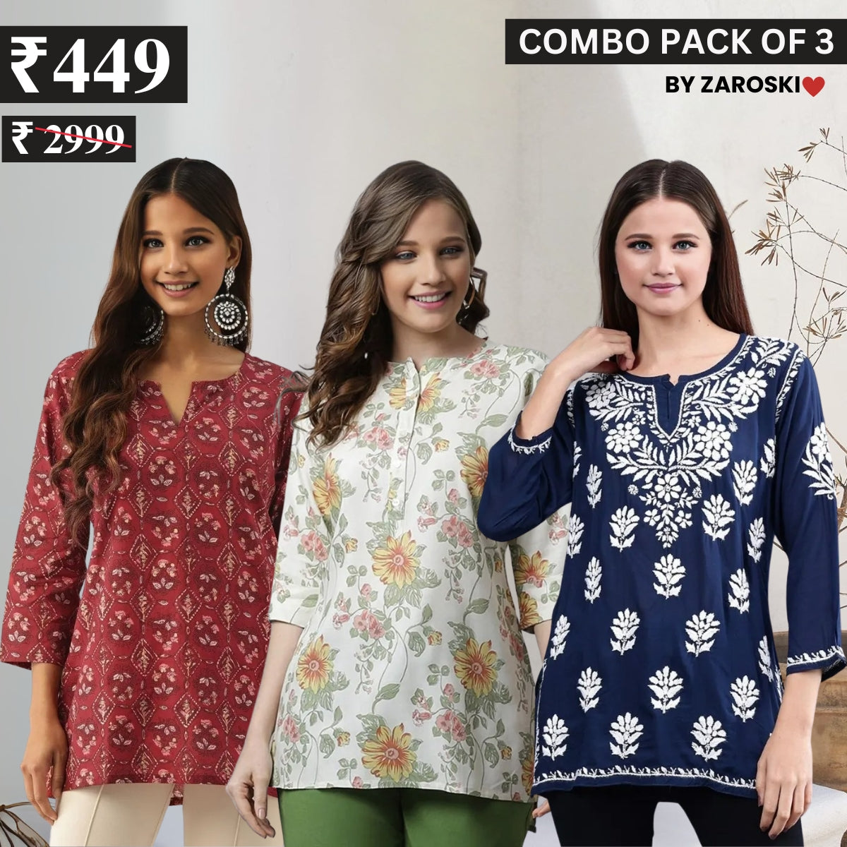3 Combo Pack Cotton Short Kurtis | Summer Cotton Bliss | 3/4 Sleeve | C-160