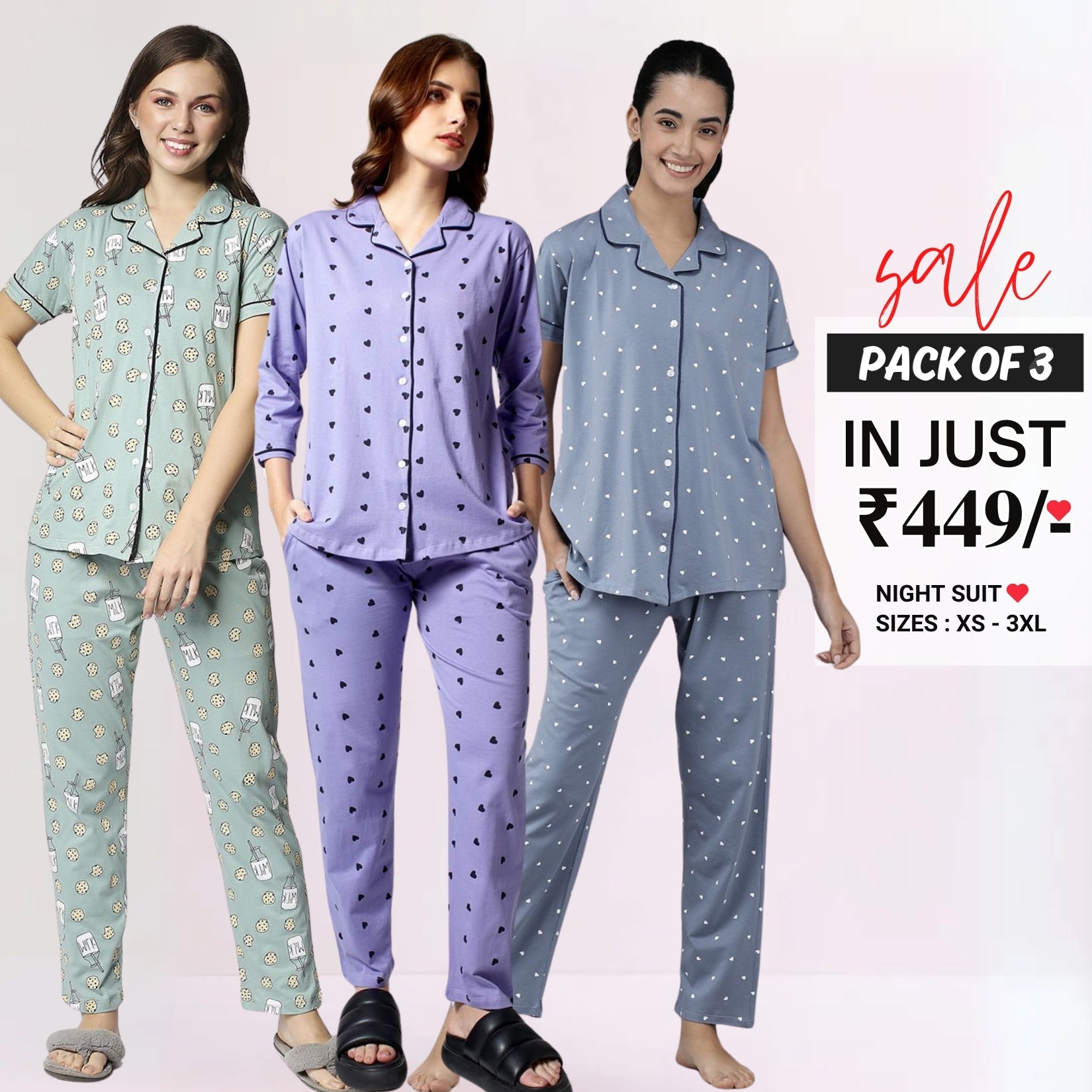 Pack of 3 Women Printed Half Sleeves Shirt and Pyjama Nightsuit Set | NS-10