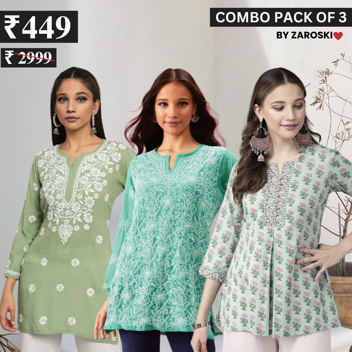 3 Combo Pack Cotton Short Kurtis | Summer Cotton Bliss | 3/4 Sleeve | C-161