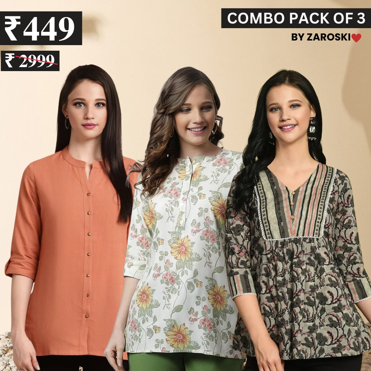 3 Combo Pack Cotton Short Kurtis | Summer Cotton Bliss | 3/4 Sleeve | C-162