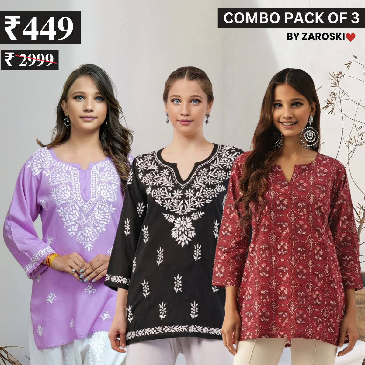 3 Combo Pack Cotton Short Kurtis | Summer Cotton Bliss | 3/4 Sleeve | C-163