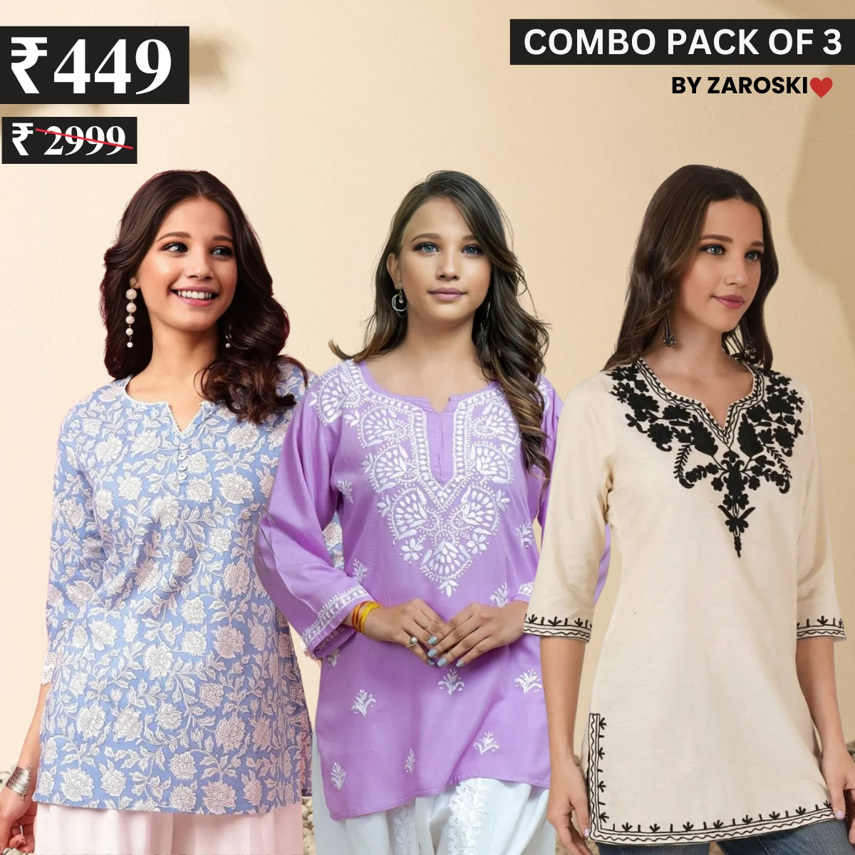 3 Combo Pack Cotton Short Kurtis | Summer Cotton Bliss | 3/4 Sleeve | C-164