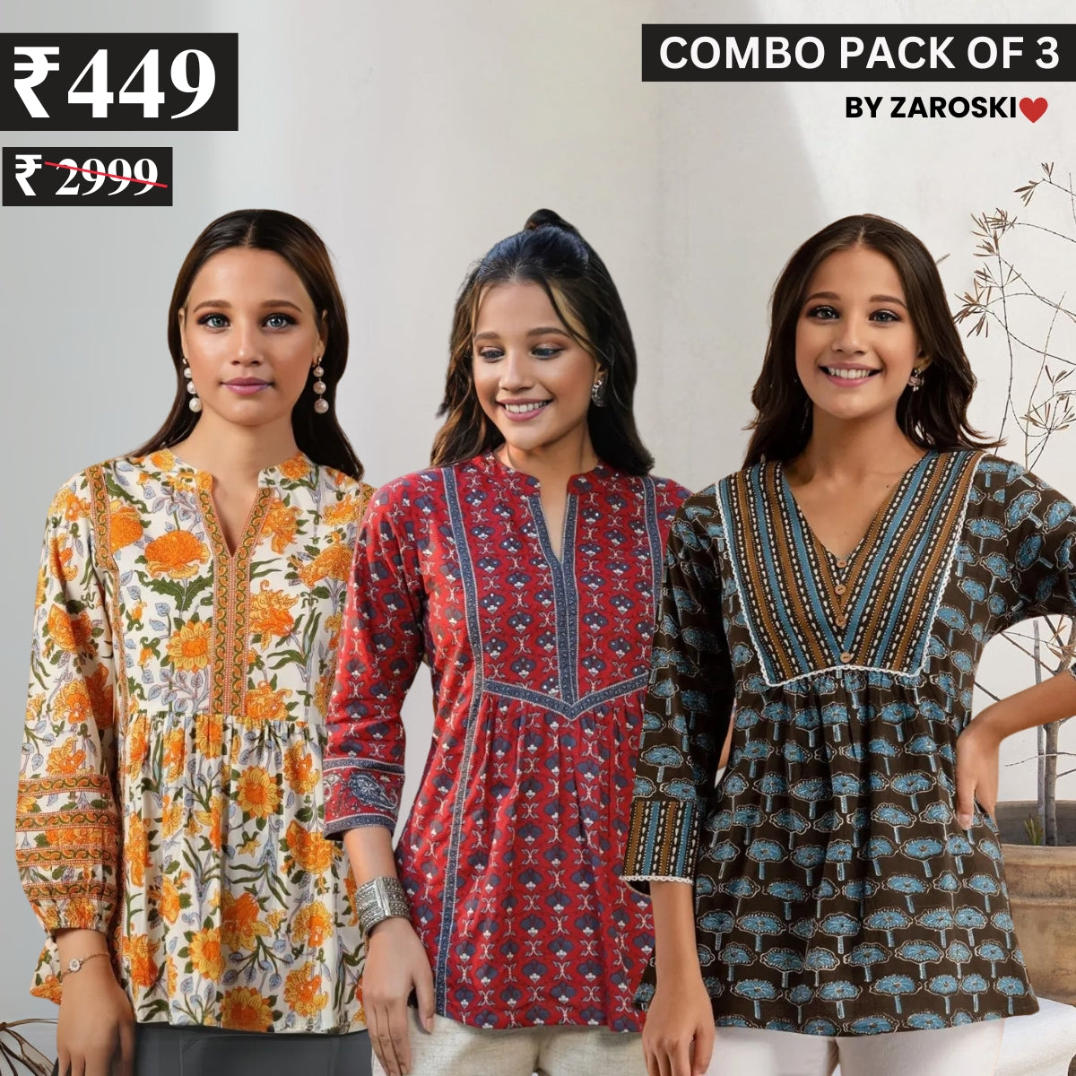 3 Combo Pack Cotton Short Kurtis | Summer Cotton Bliss | 3/4 Sleeve | C-166