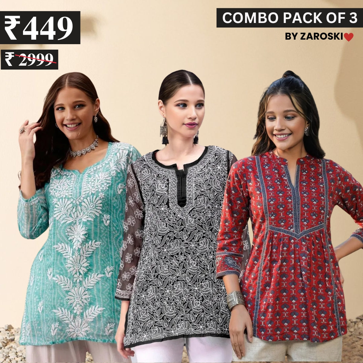 3 Combo Pack Cotton Short Kurtis | Summer Cotton Bliss | 3/4 Sleeve | C-169