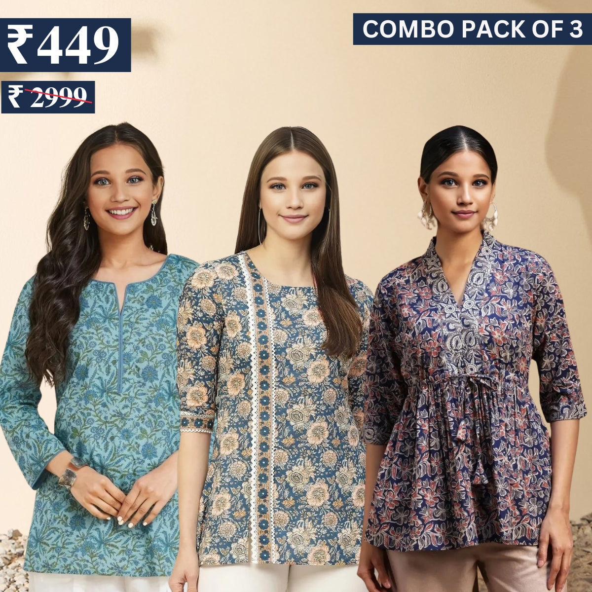 3 Combo Pack Cotton Short Kurtis | Summer Cotton Bliss | 3/4 Sleeve | C-151