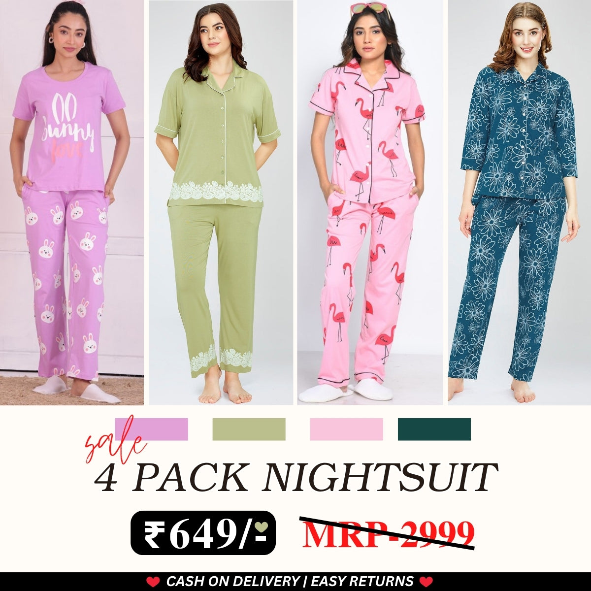 Pack of 4 Women’s Cotton Printed Nightsuits – Shirt & Pyjama Set | Classic Style | NS-11