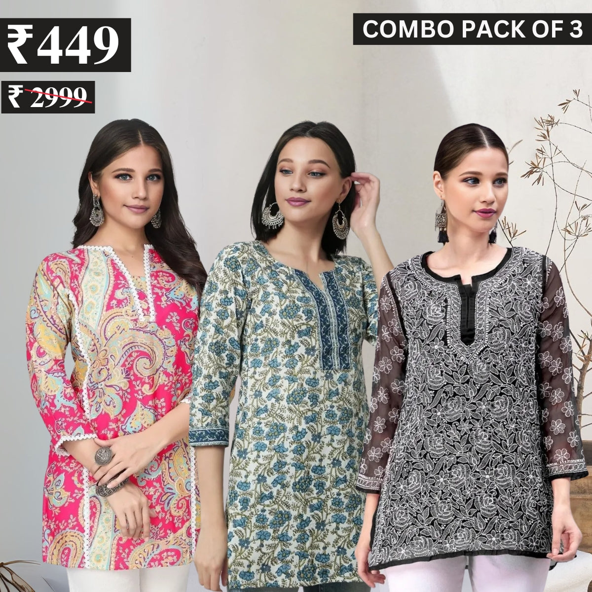 3 Combo Pack Cotton Short Kurtis | Summer Cotton Bliss | 3/4 Sleeve | C-152