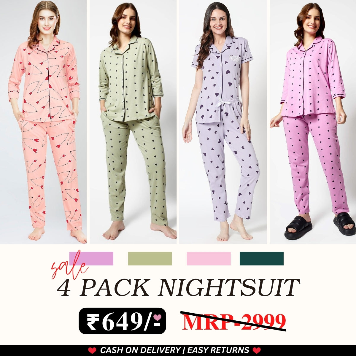 Pack of 4 Women’s Cotton Printed Nightsuits – Shirt & Pyjama Set | Classic Style | NS-12