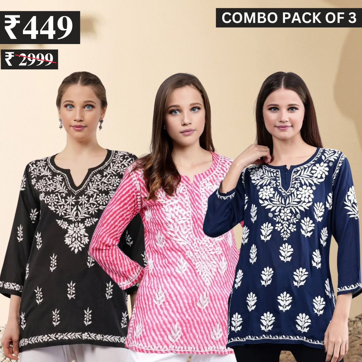 3 Combo Pack Cotton Short Kurtis | Summer Cotton Bliss | 3/4 Sleeve | C-153