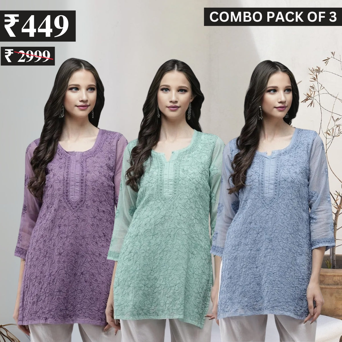 3 Combo Pack Cotton Short Kurtis | Summer Cotton Bliss | 3/4 Sleeve | C-154