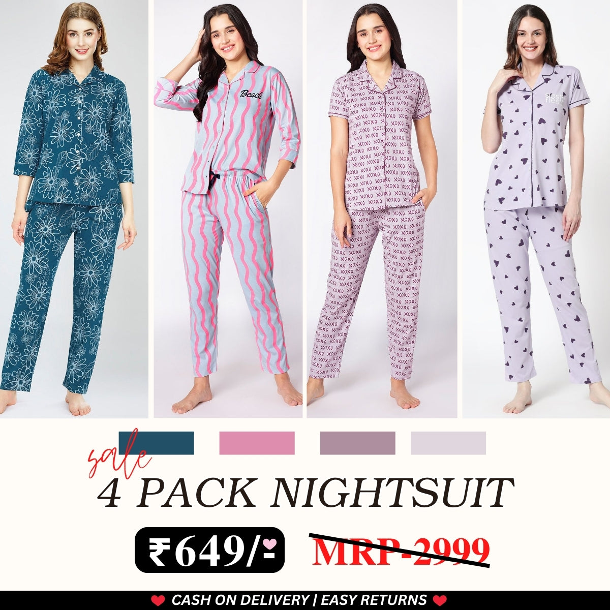Pack of 4 Women’s Cotton Printed Nightsuits – Shirt & Pyjama Set | Classic Style | NS-14