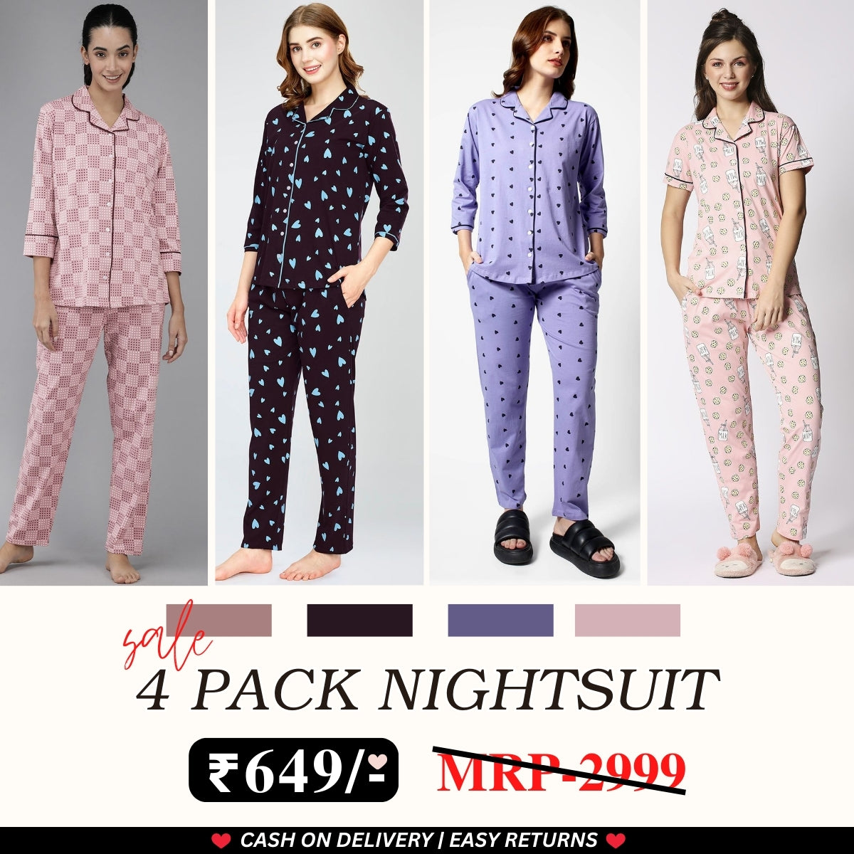 Pack of 4 Women’s Cotton Printed Nightsuits – Shirt & Pyjama Set | Classic Style | NS-15