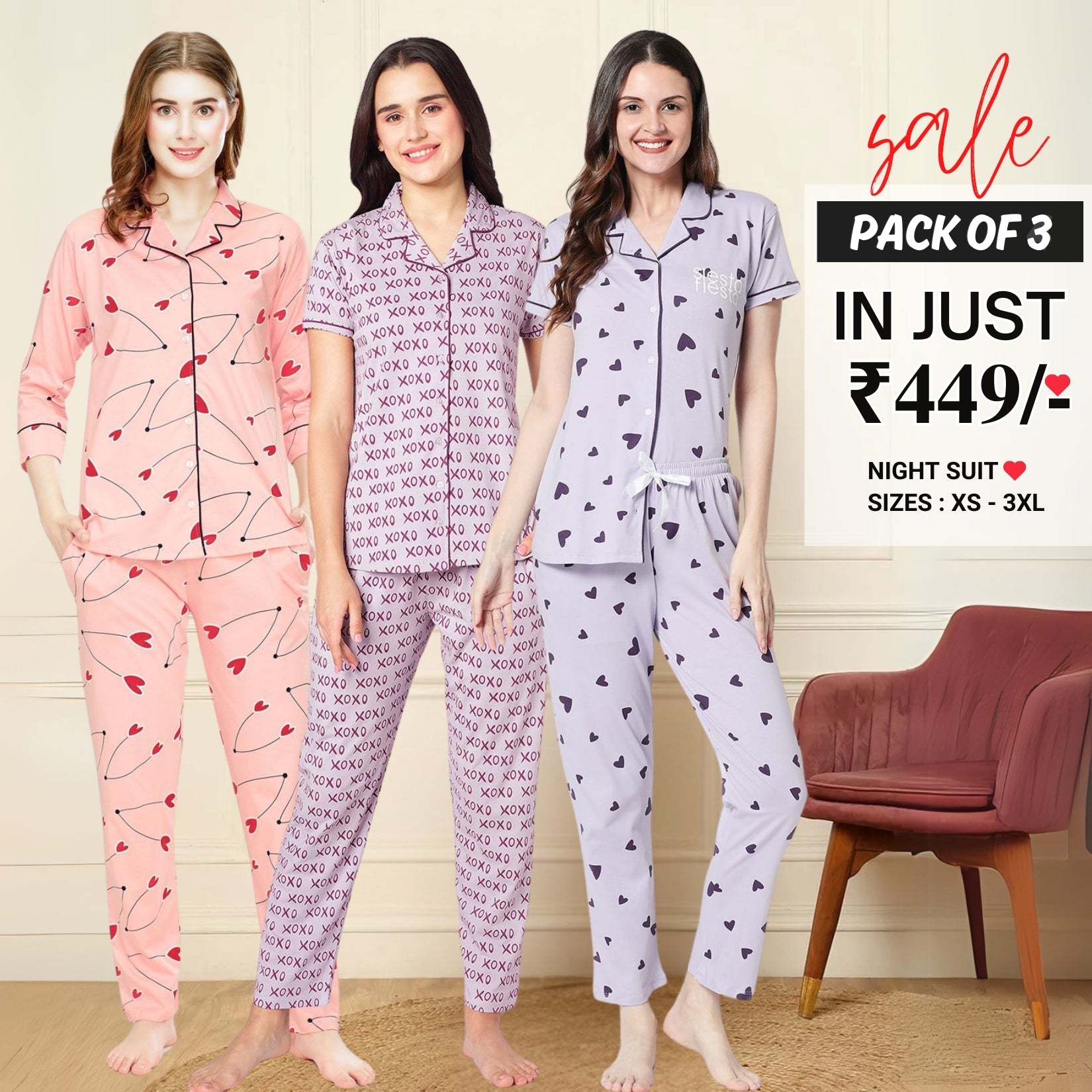 Pack of 3 Women Printed Half Sleeves Shirt and Pyjama Nightsuit Set | NS-05