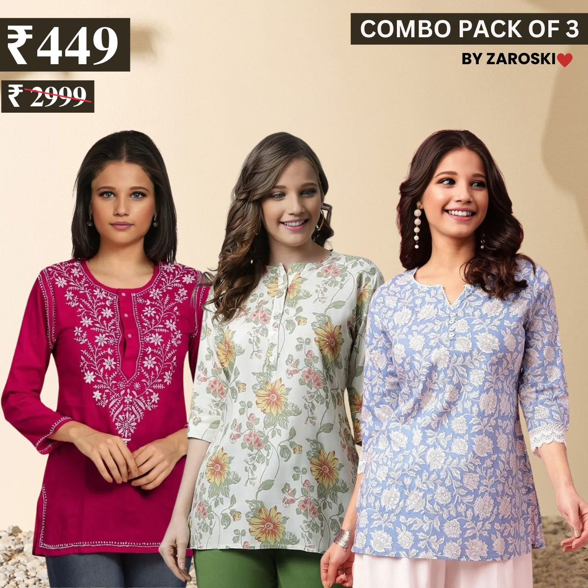 3 Combo Pack Cotton Short Kurtis | Summer Cotton Bliss | 3/4 Sleeve | C-155