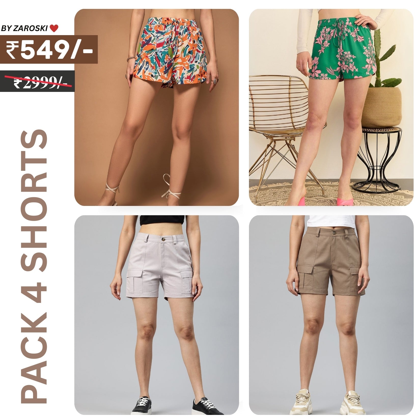 Pack Of 4 | Modern Llifestyles Regular Fit Cotton Shorts for Women | C-095