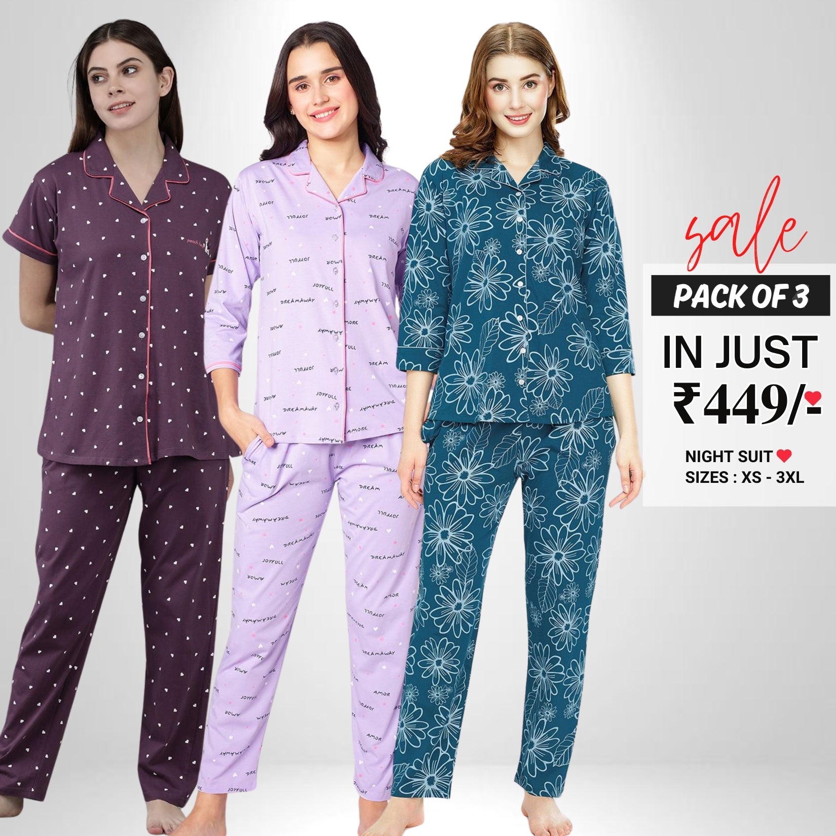 Pack of 3 Women Printed Full Sleeves Shirt and Pyjama Nightsuit Set | NS-06