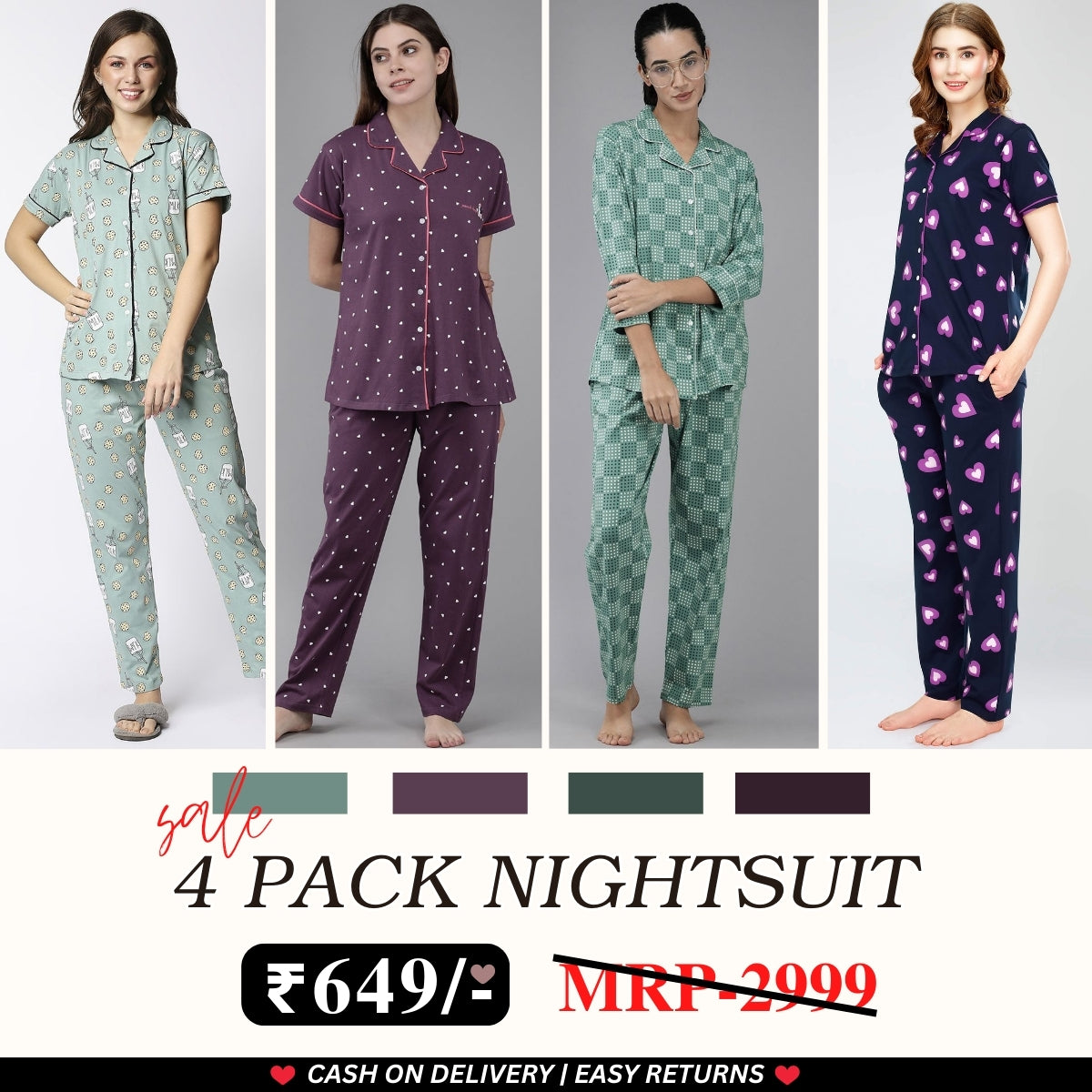 Pack of 4 Women’s Cotton Printed Nightsuits – Shirt & Pyjama Set | Classic Style | NS-16