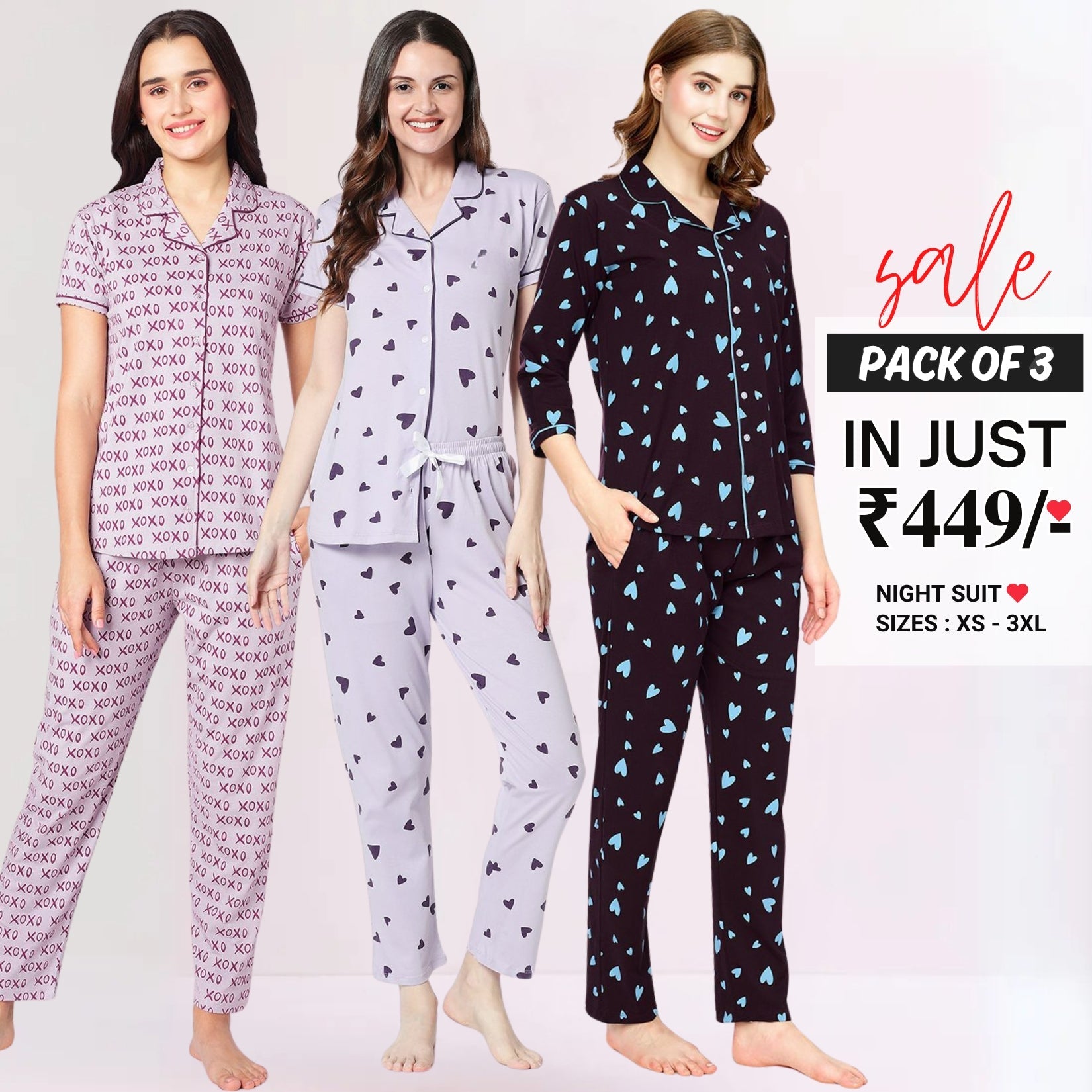 Pack of 3 Women Printed Full Sleeves Shirt and Pyjama Nightsuit Set | NS-07