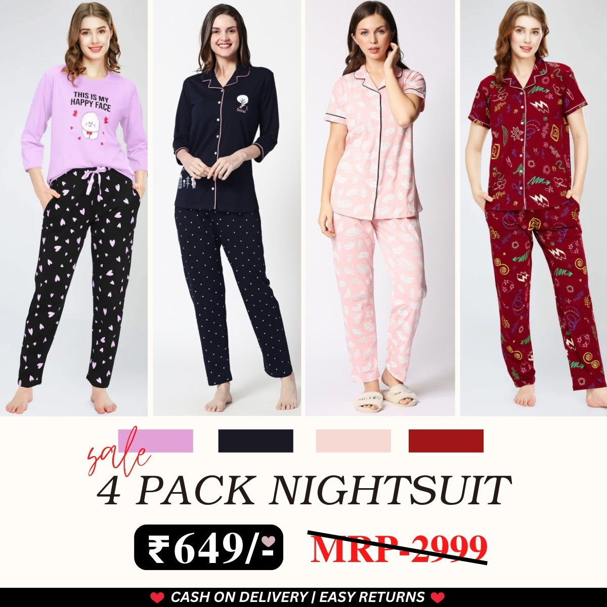 Pack of 4 Women’s Cotton Printed Nightsuits – Shirt & Pyjama Set | Classic Style | NS-17