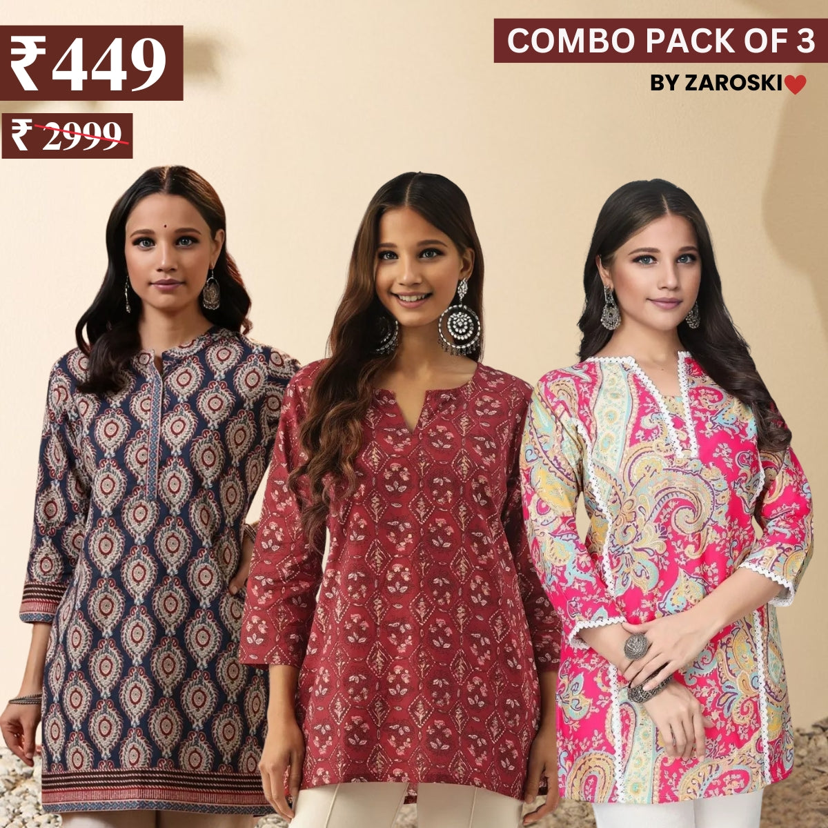 3 Combo Pack Cotton Short Kurtis | Summer Cotton Bliss | 3/4 Sleeve | C-157
