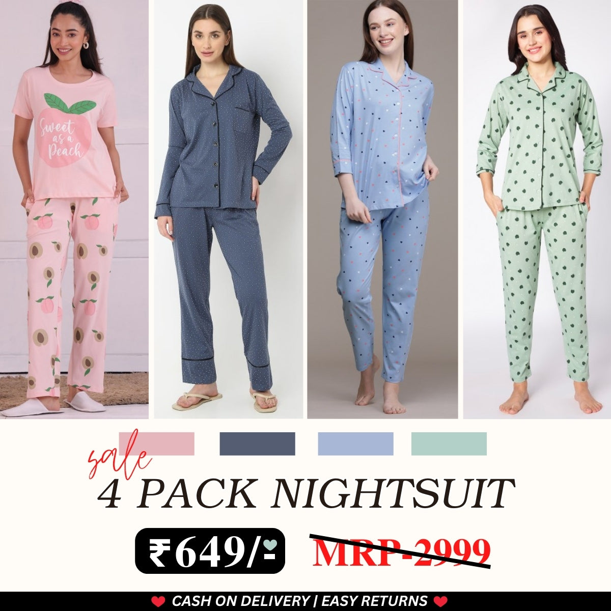 Pack of 4 Women’s Cotton Printed Nightsuits – Shirt & Pyjama Set | Classic Style | NS-18