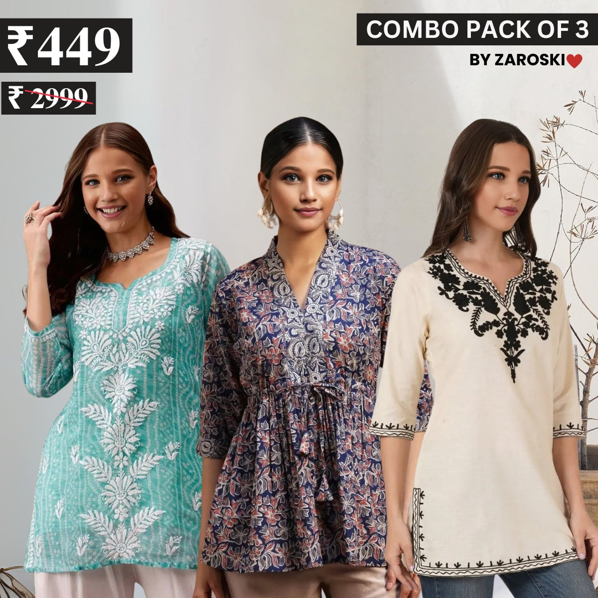 3 Combo Pack Cotton Short Kurtis | Summer Cotton Bliss | 3/4 Sleeve | C-158