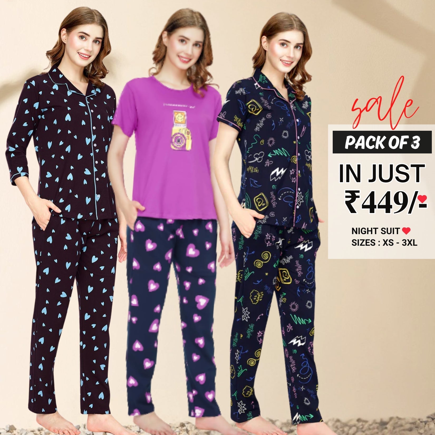 Pack of 3 Women Printed Full Sleeves Shirt and Pyjama Nightsuit Set | NS-08