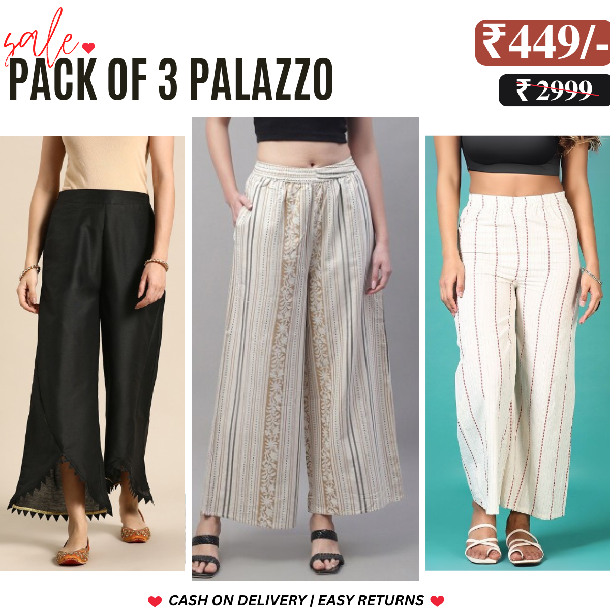 Stylish 3-Pack Combo Palazzo Pants for Women | P-08