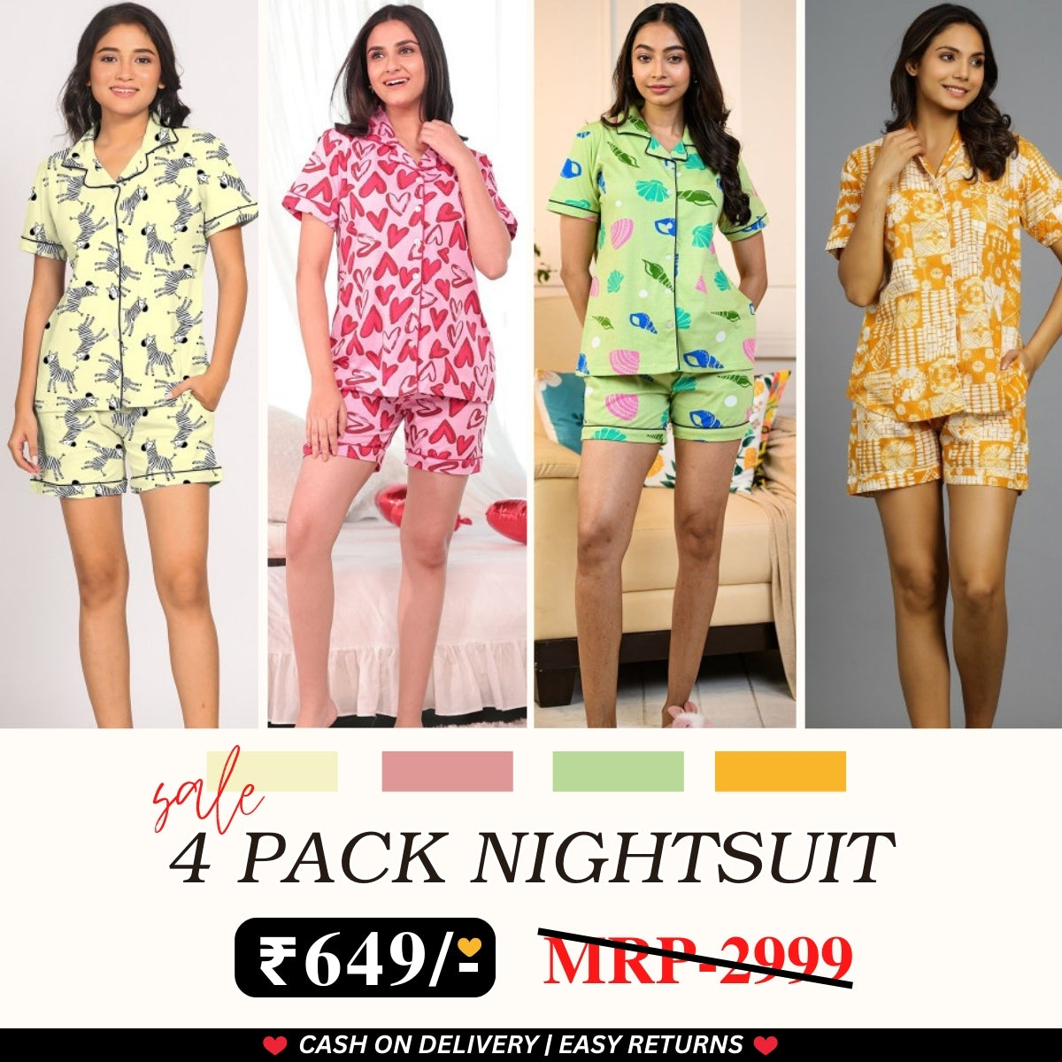 Pack of 4 Women’s Cotton Printed Nightsuits – Shirt & Pyjama Set | Classic Style | NS-19