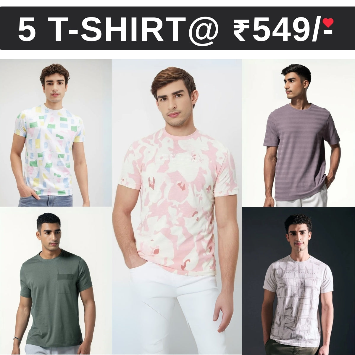 5 T-Shirt Combo | Premium Crew Neck Textured Tees for Everyday Comfort | T-19