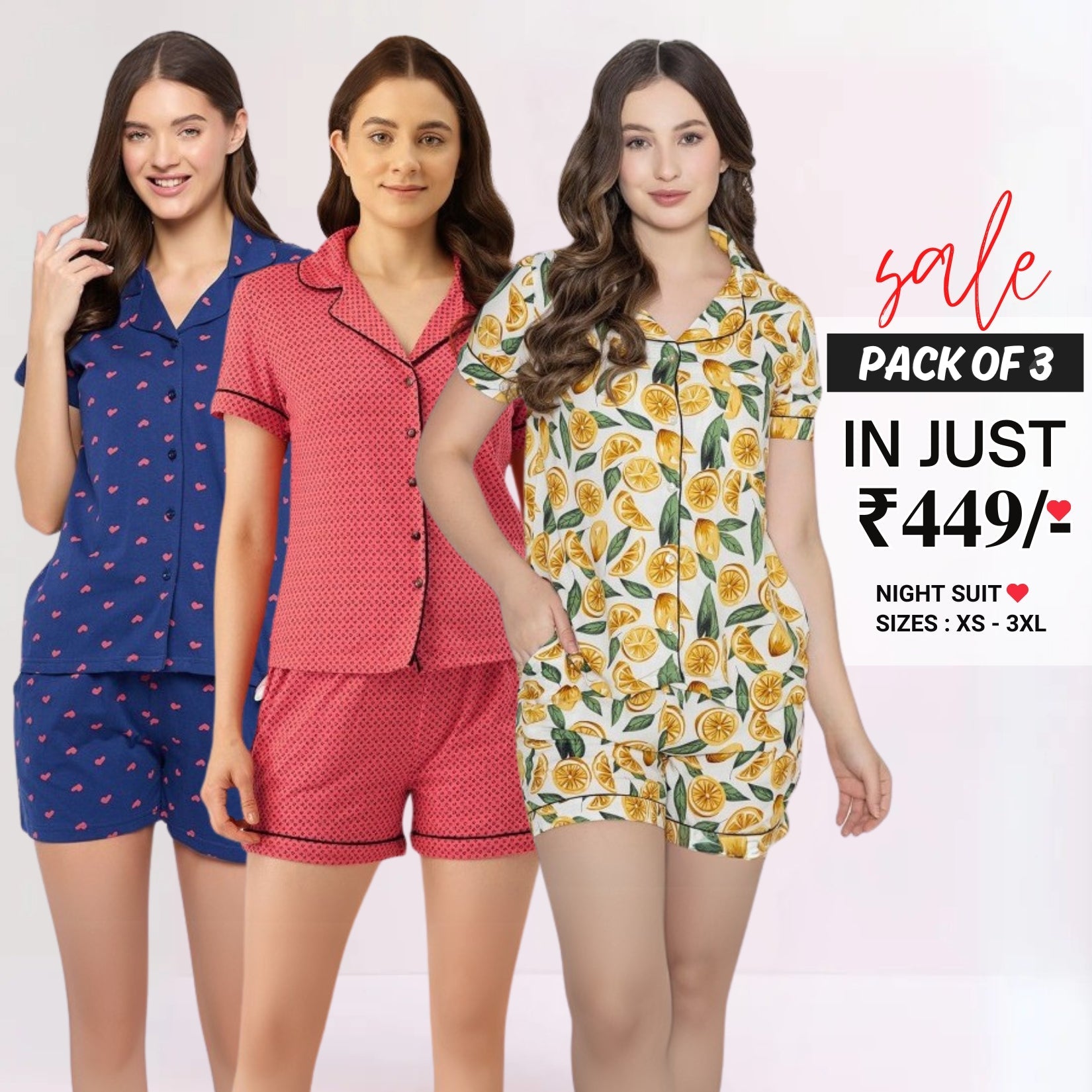 Pack of 3 Women Printed Half Sleeves Shirt and Hot Pant Nightsuit Set | NS-09